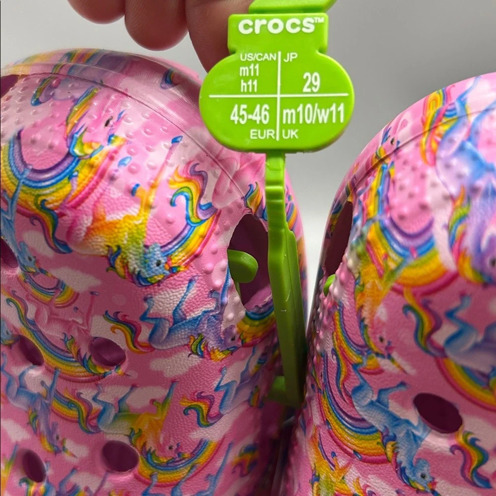 CROCS Lisa Frank unicorn print with Lisa Frank charms.
